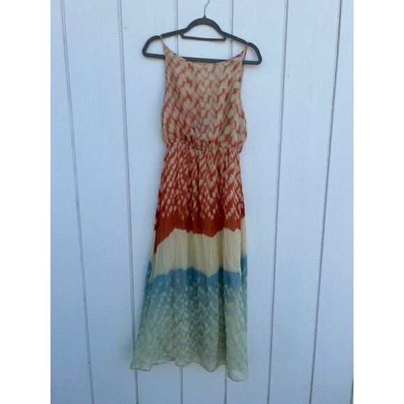 Sleeveless Silk Maxi Dress, Red‎ White & Blue Earthy Tie Dye Dress, Sz S Petite - Picture 1 of 6